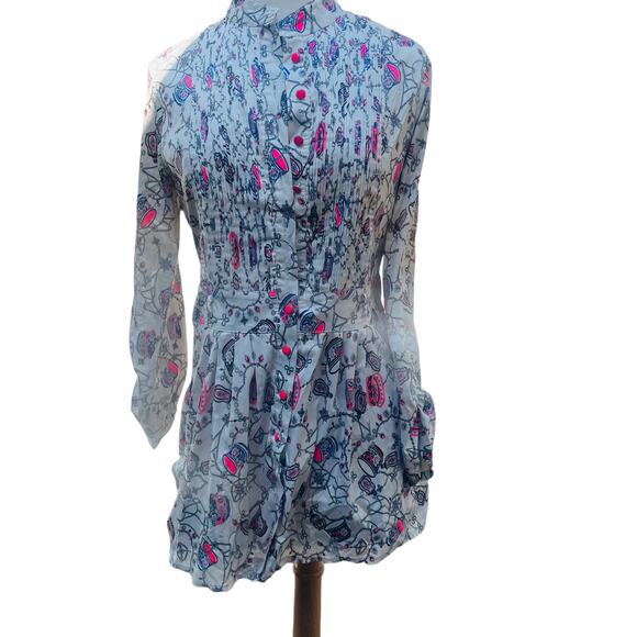 Green & Country Mini Shirt Dress Women's Size 42 White Printed Pintuck Button Up - Picture 2 of 11